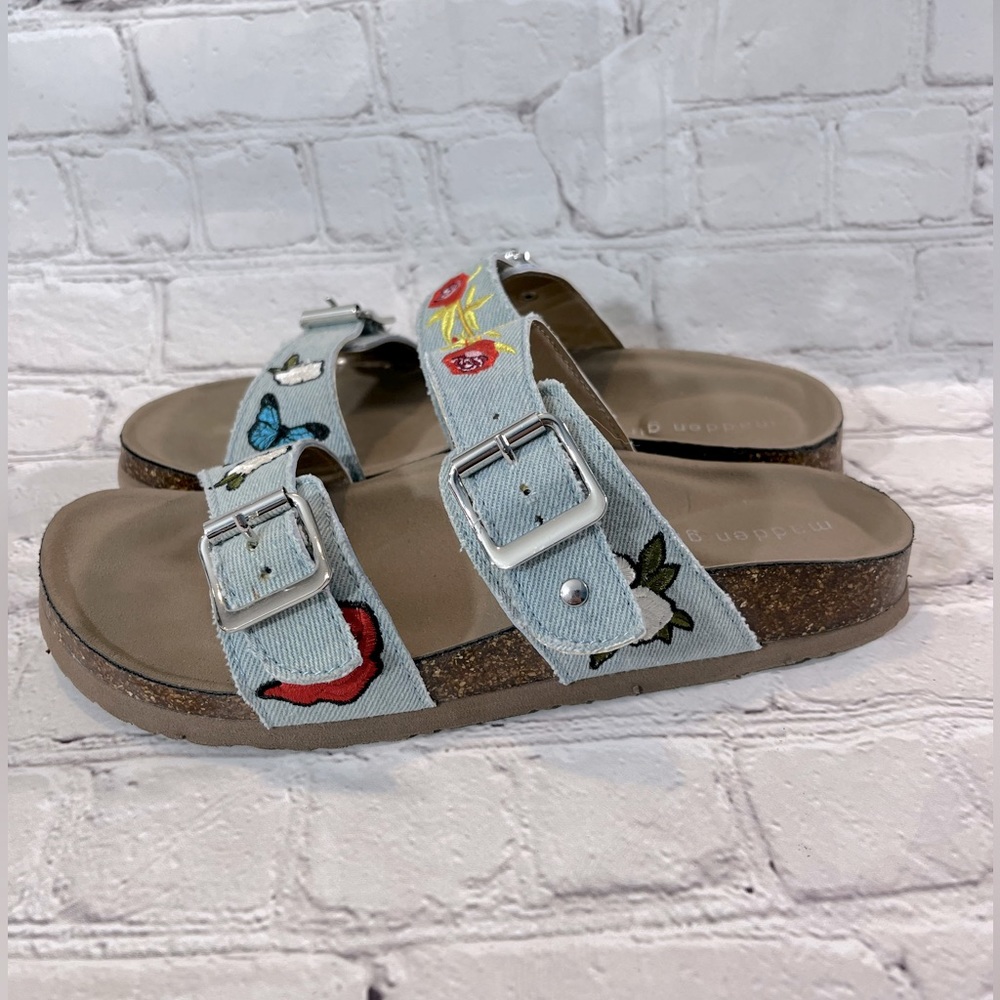 Madden Girl "Brando" Slide On Sandals Denim Embroider… Gem